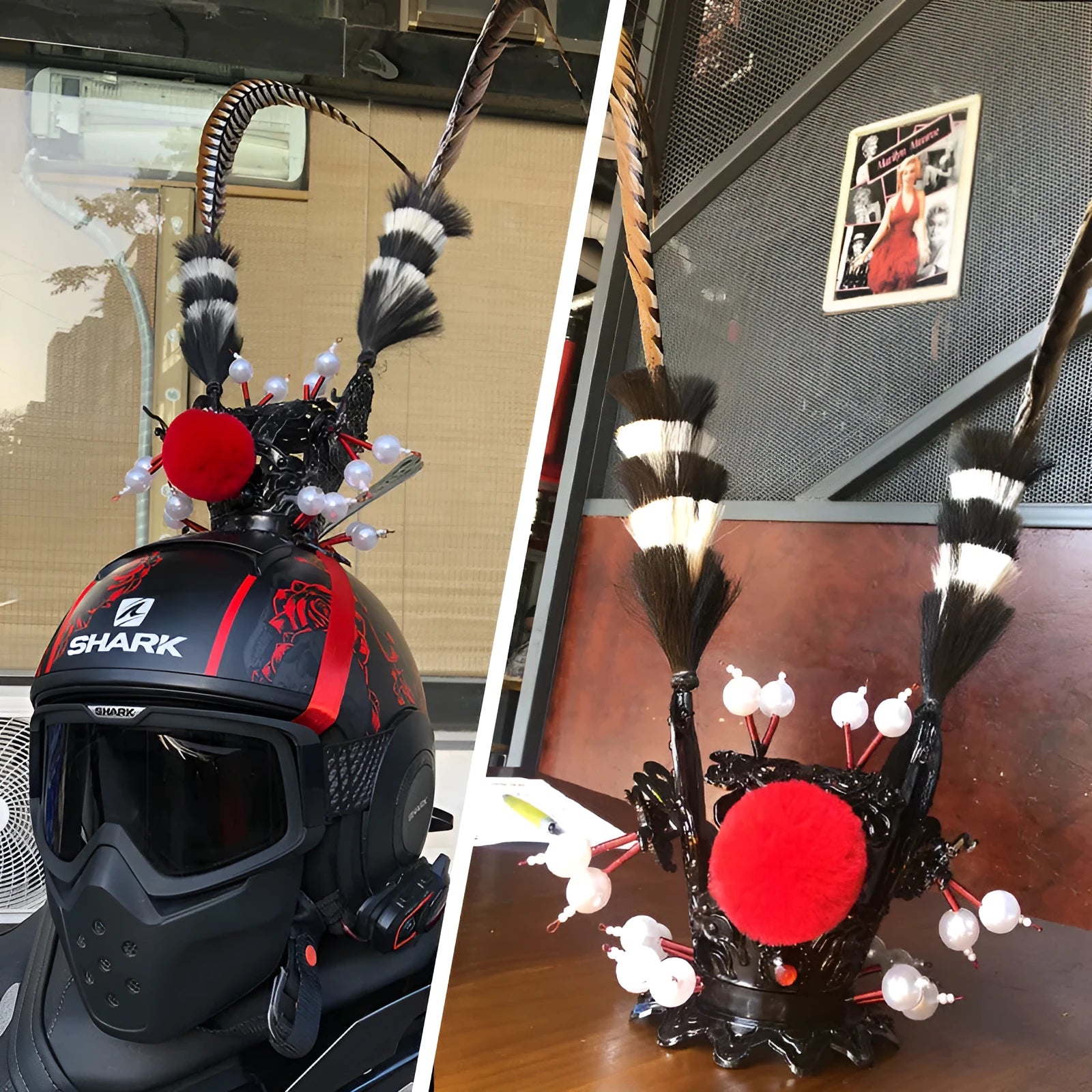 Zijin Crown black motorcycle helmet decoration with purple-gold accents and a long feather plume.