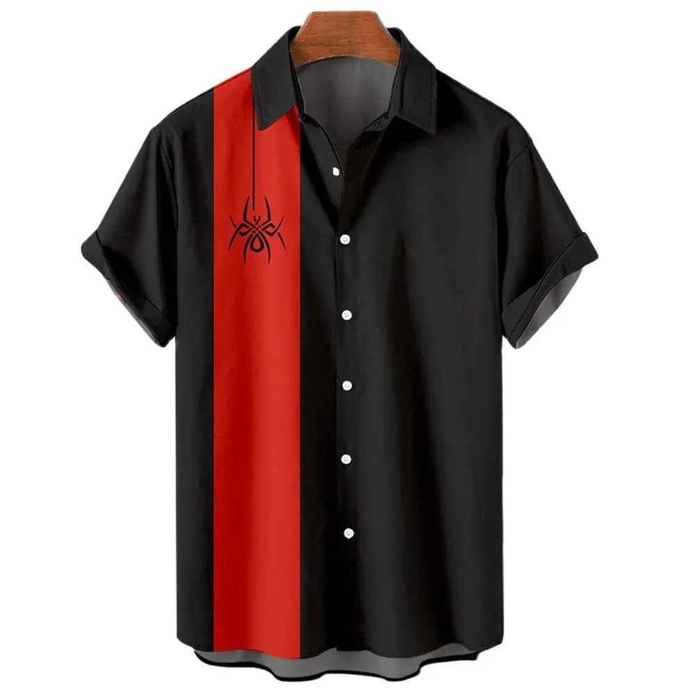 Men's striped Hawaiian short sleeve button-up shirt in a colour option, laid flat.