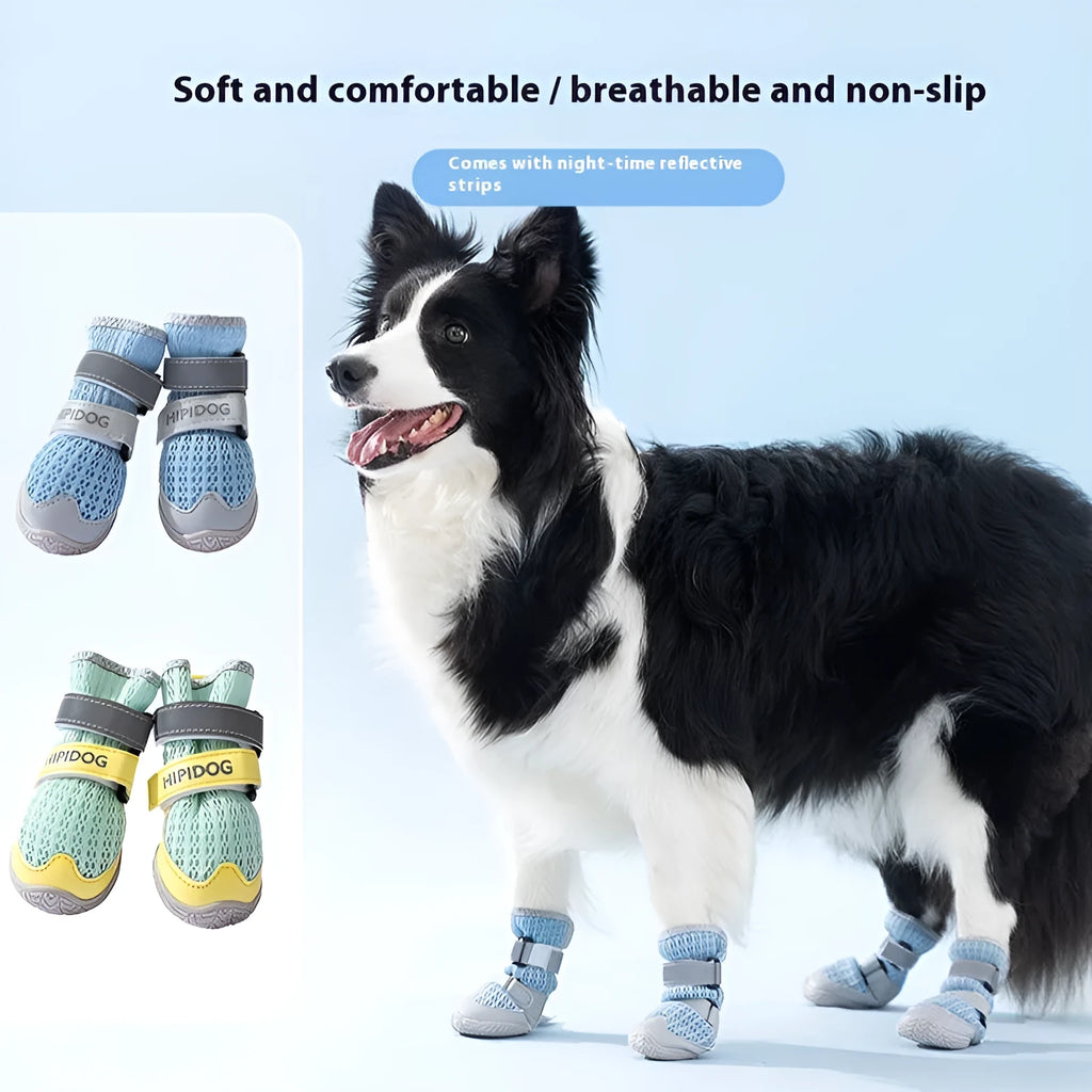 Cartoon-style blue and green PU dog shoes for summer, showing breathable anti-scald design
