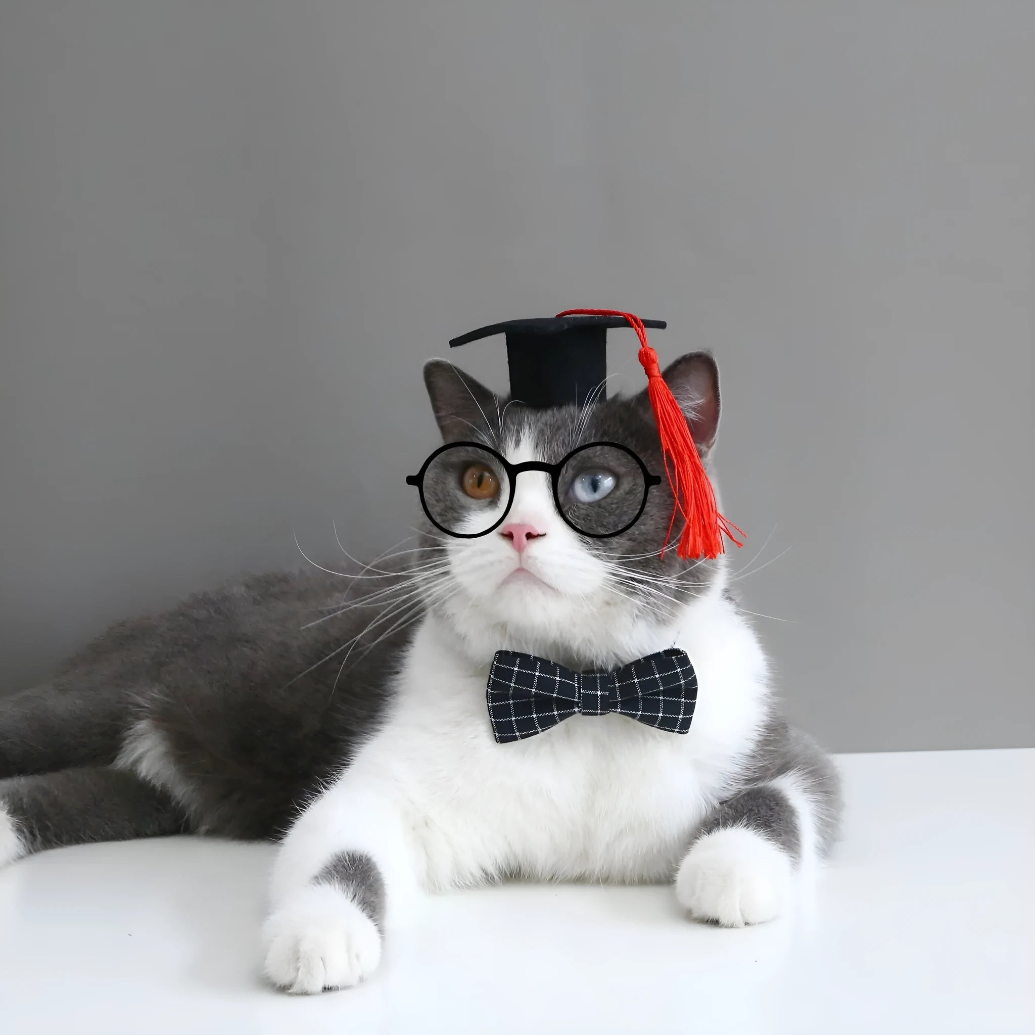 Pet dog wearing British-style felt hair band and matching bow tie accessory set