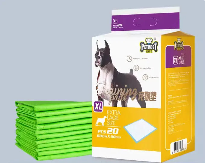 Pack of disposable dog urine pads showing size options S M L XL and variants like bamboo charcoal and adhesive type.