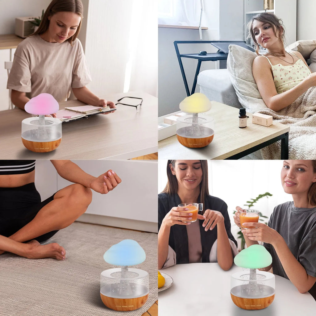 White raining cloud humidifier with essential oil diffuser and multi-colour night light on table