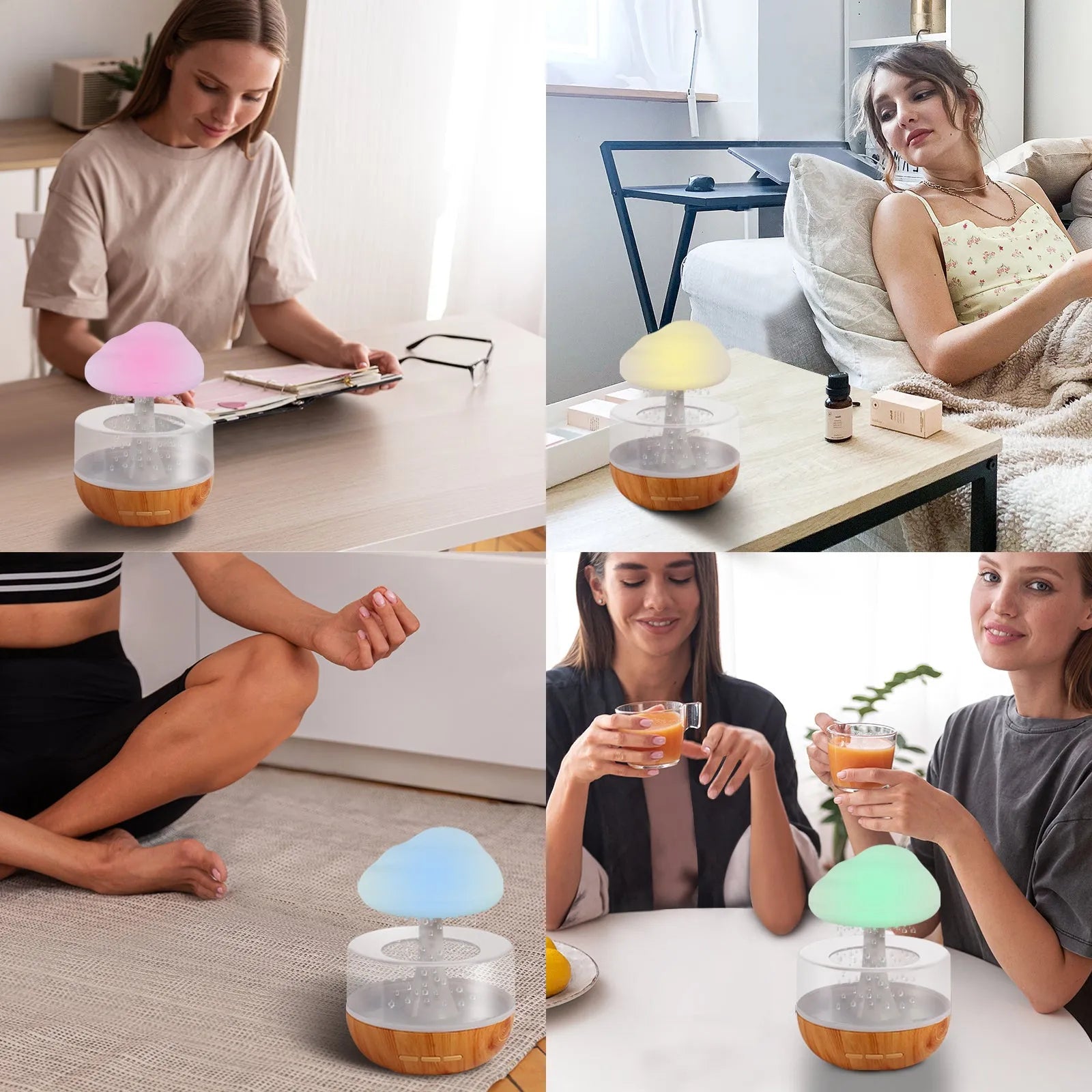 White raining cloud humidifier with essential oil diffuser and multi-colour night light on table