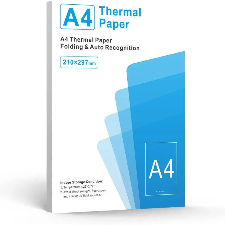 White A4 thermal printer paper in packaging showing 100 or 200 sheet options for enterprise office use