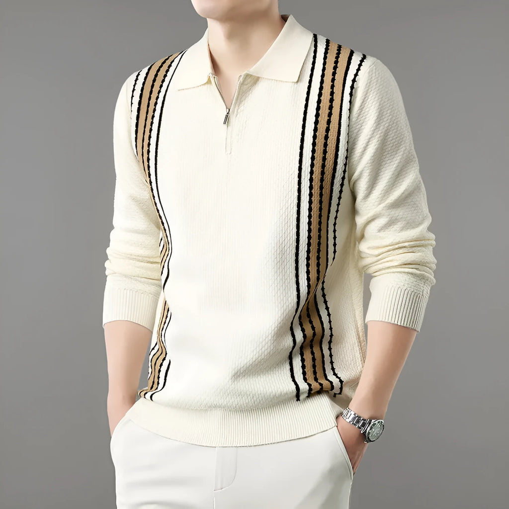 Men's turn-down collar half-zip long sleeve colour block striped polo sweater in beige on a plain background