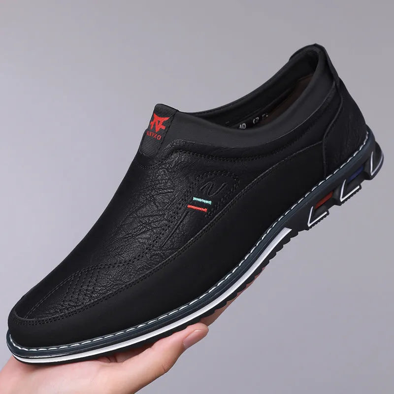 Men's casual leather shoes with low top, rubber sole, and leather toe cap in multiple colour options.