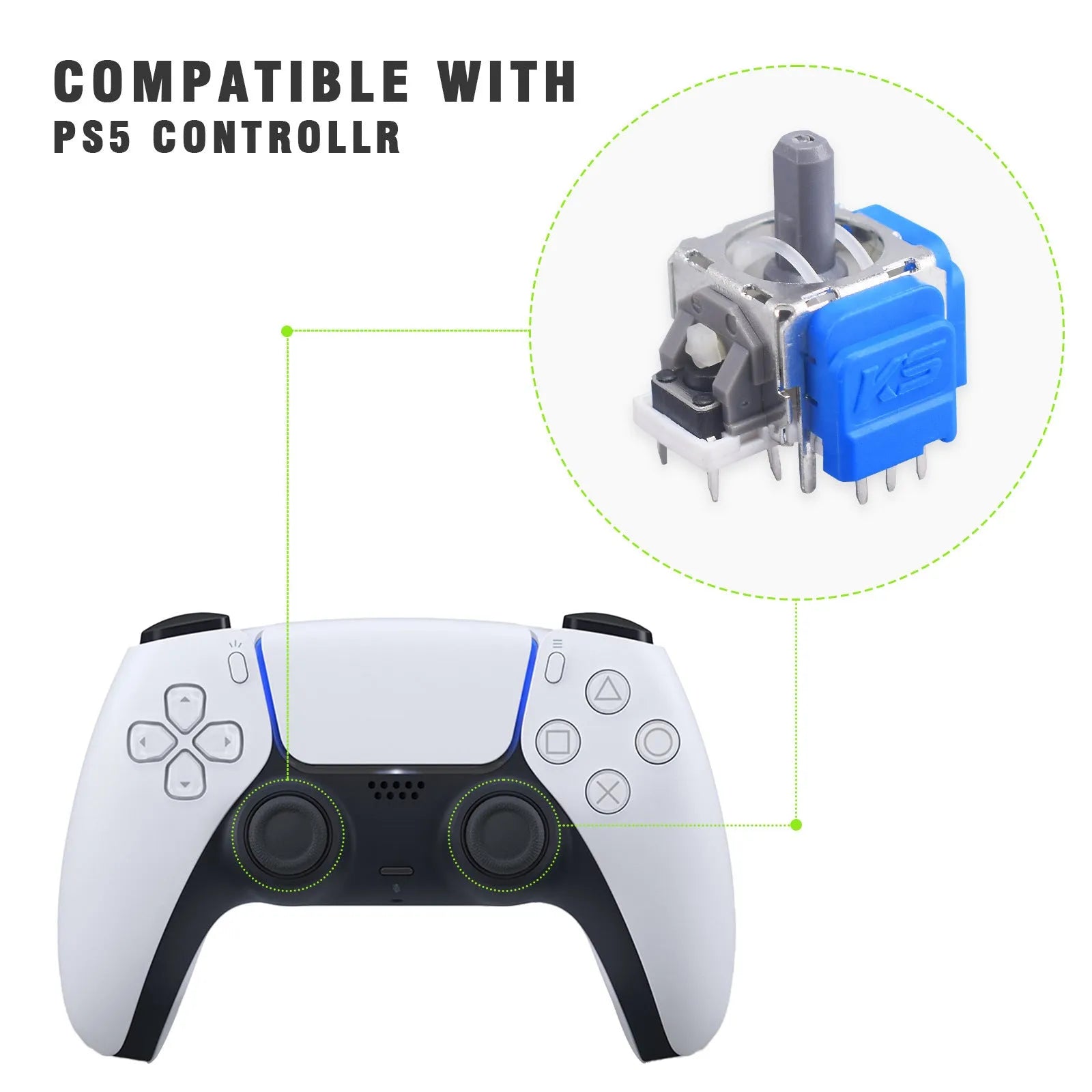 Single PS5-compatible Hall effect magnetic analogue joystick replacement component on a white background.