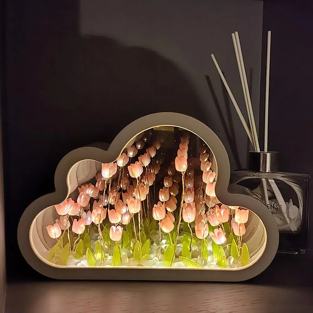 DIY tulip night lamp with mirror and LED light in pink colour on a desk