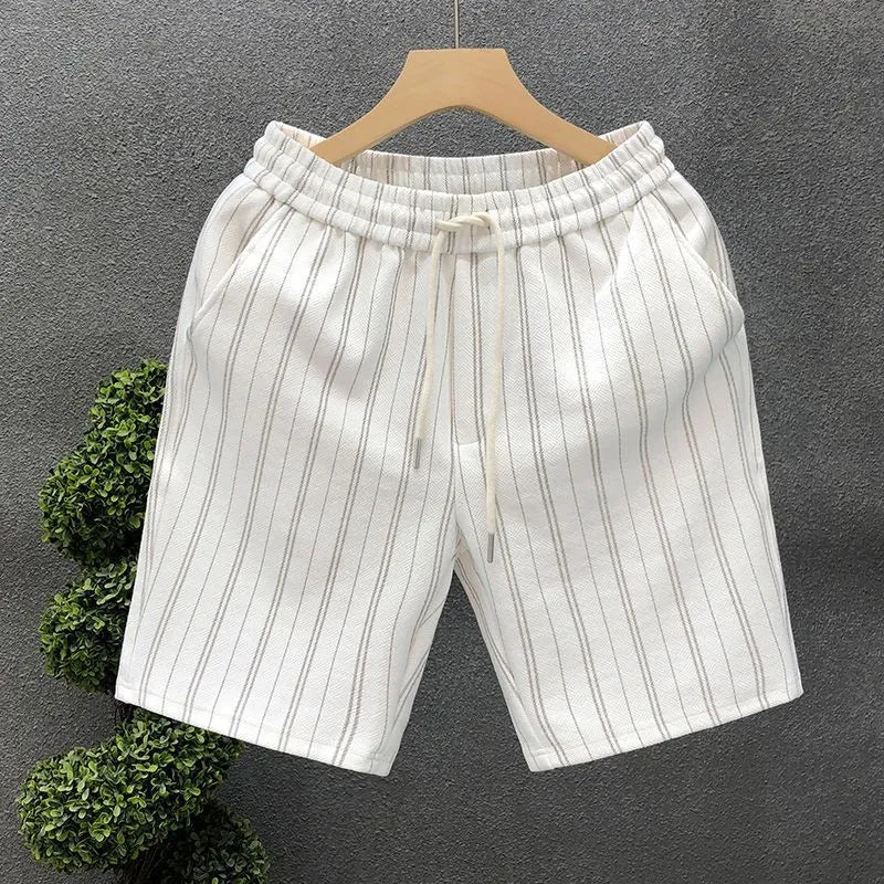 Men's black and white striped casual shorts with an ankle band and double-layer waistband.