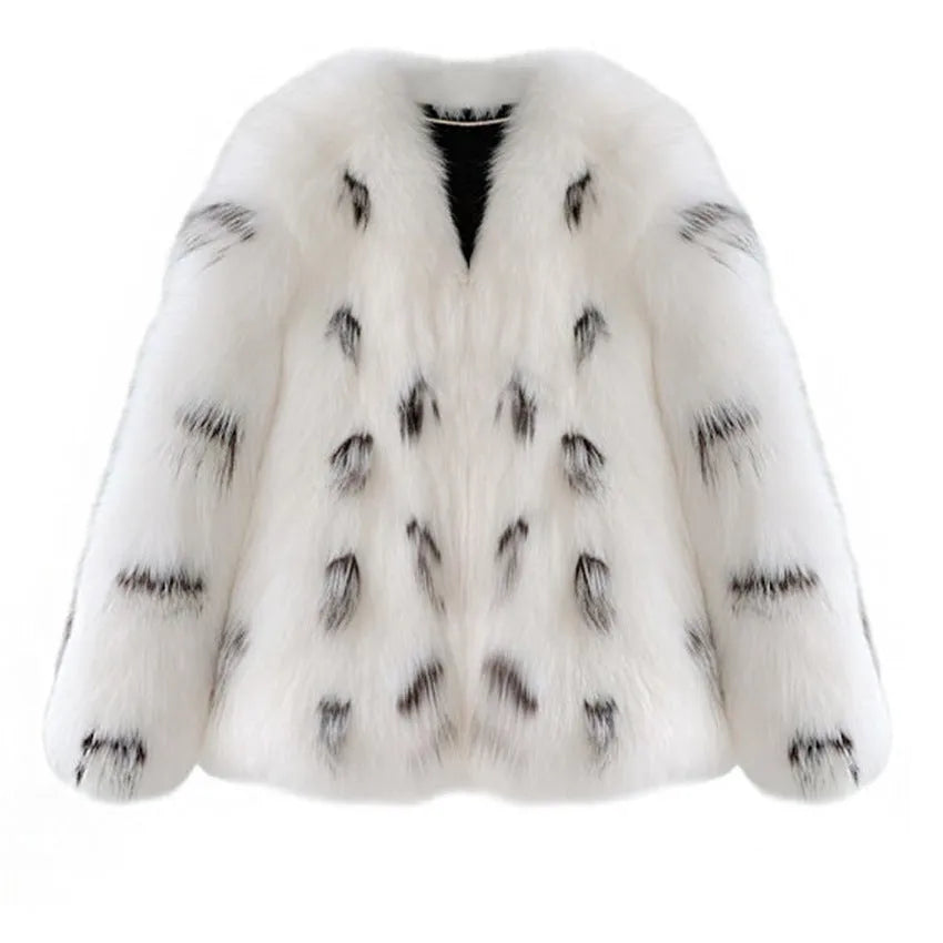 Women's black and white faux fur raccoon coat with Korean slim-fit design and short length