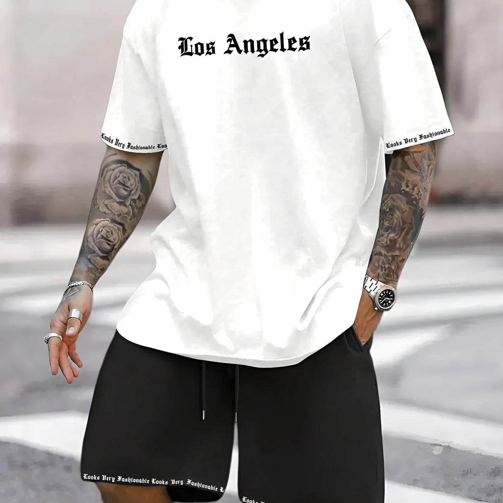 Men's grey sports style short-sleeved top and matching shorts quick-dry two-piece set
