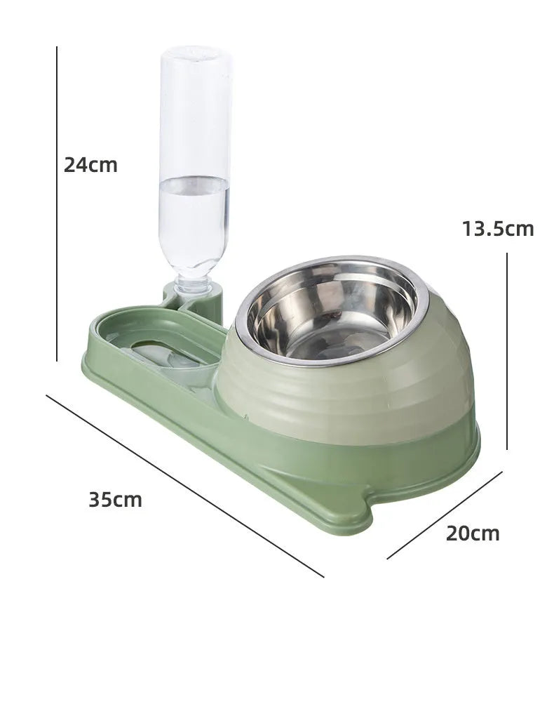 Elevated cat food bowl with automatic water dispenser bottle in choice of brown, green or yellow colours