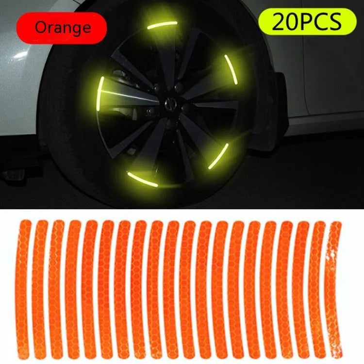 20-piece wheel hub reflective stickers in multiple colours including fluorescent, rainbow, and luminous options