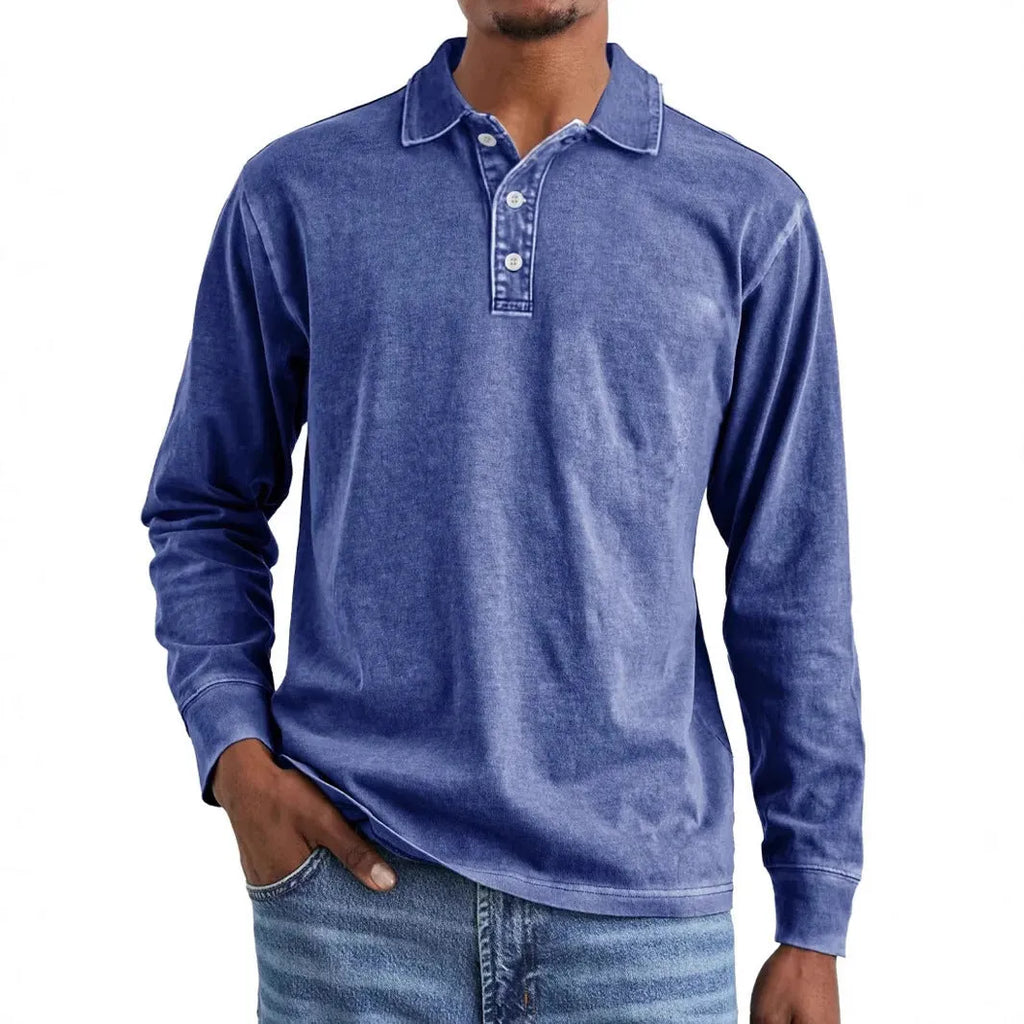 Men's retro washed pure cotton long sleeve polo shirt with a lapel collar in Army Green.