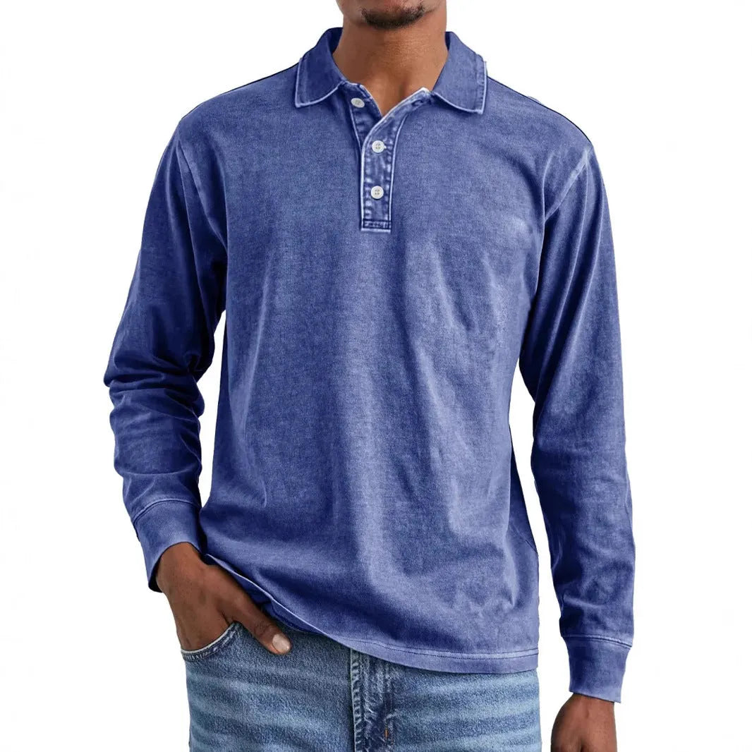 Men's retro washed pure cotton long sleeve polo shirt with a lapel collar in Army Green.