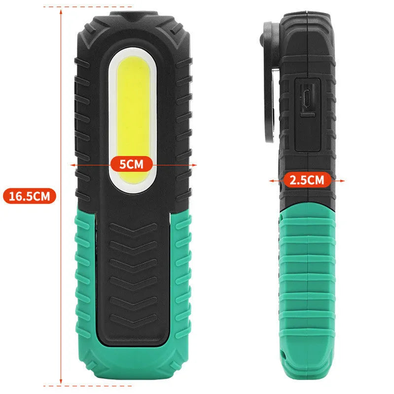 Black and green USB auto repair work light with compact design for workshop use