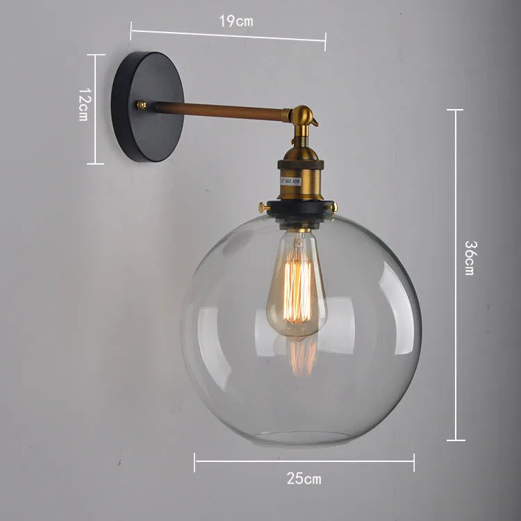 20cm retro round ball glass wall lamp with aluminium holder in transparent, amber or smoke grey