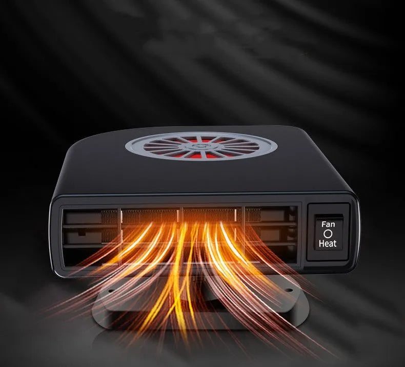 Black 12V vehicle-mounted defroster heater with adjustable vents on a car dashboard.