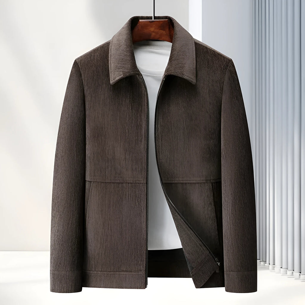 Men's slim fit lapel casual jacket in polyvinyl alcohol fibre fabric, shown in dark blue.