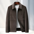 Men's slim fit lapel casual jacket in polyvinyl alcohol fibre fabric, shown in dark blue.