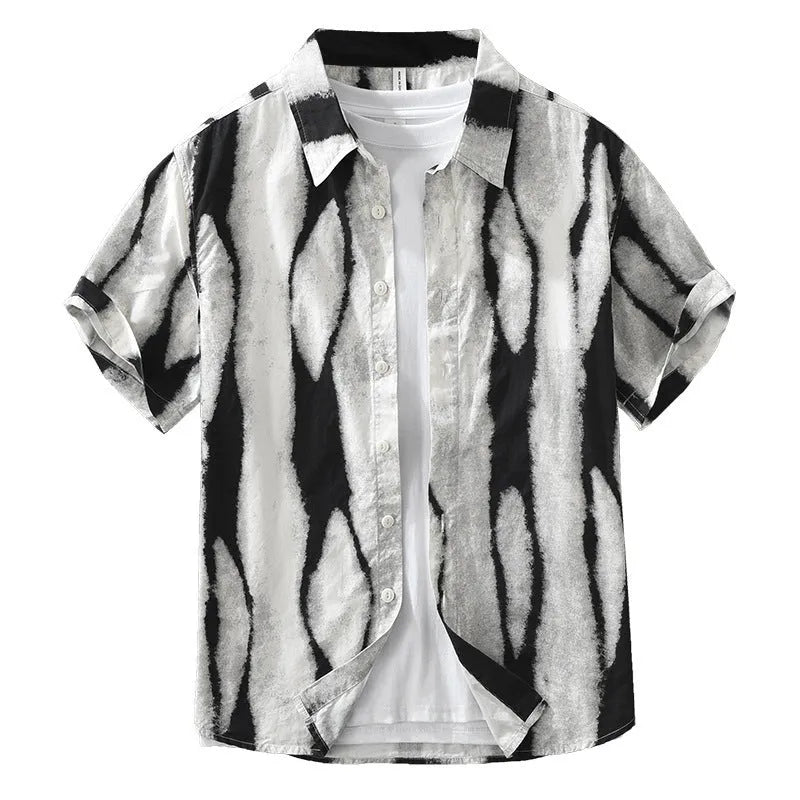 Men's black and brown retro striped short sleeve shirt cardigan in pure cotton with loose fit