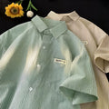 Blue or green striped loose fit plus size casual shirt with half sleeves