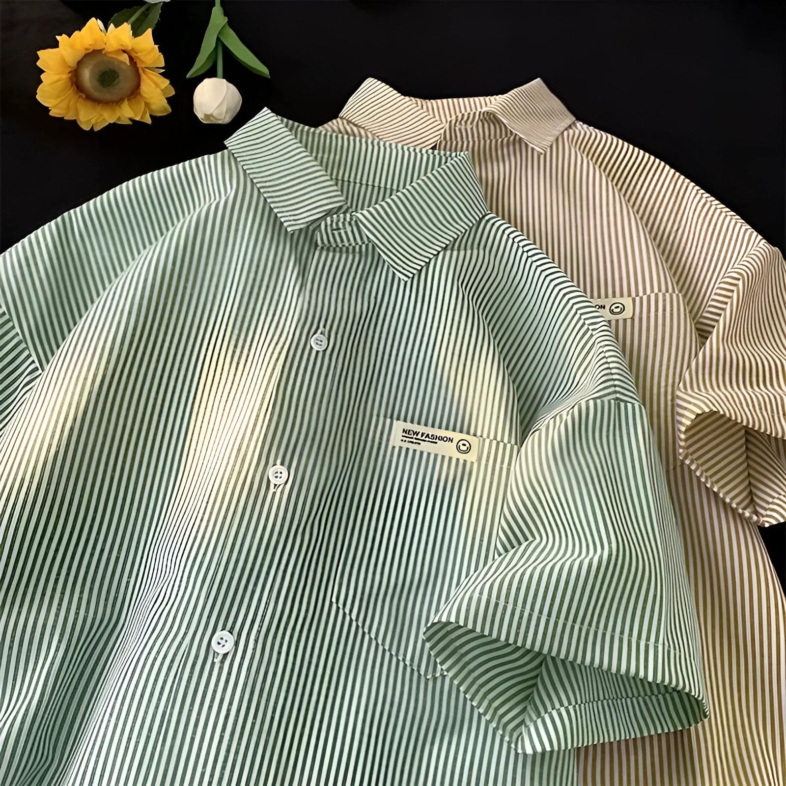 Blue or green striped loose fit plus size casual shirt with half sleeves