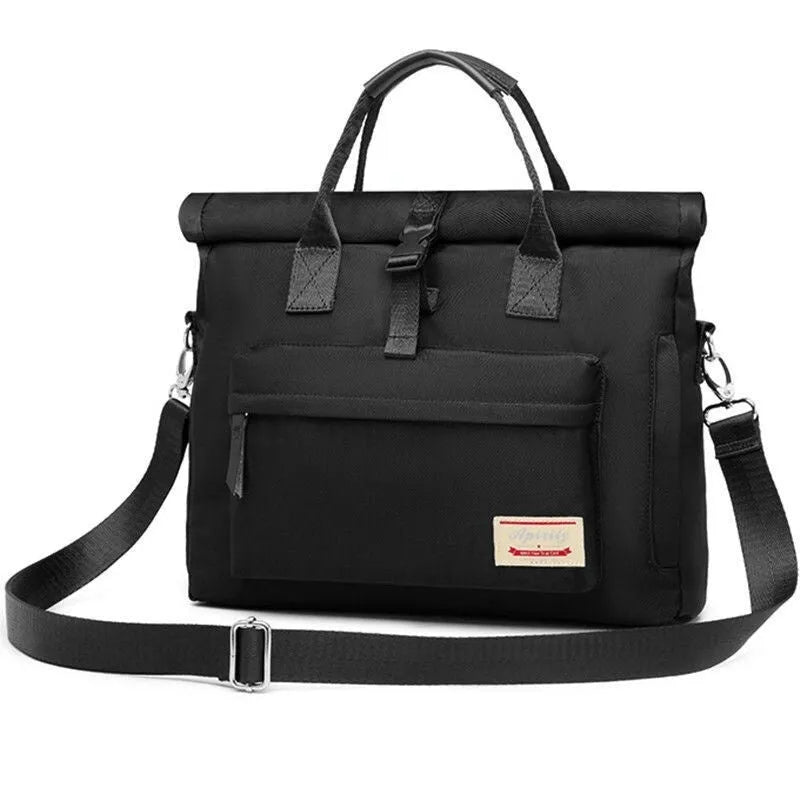 Shockproof waterproof nylon laptop bag in black, shown in medium and large sizes for 13-15.6 inch laptops.