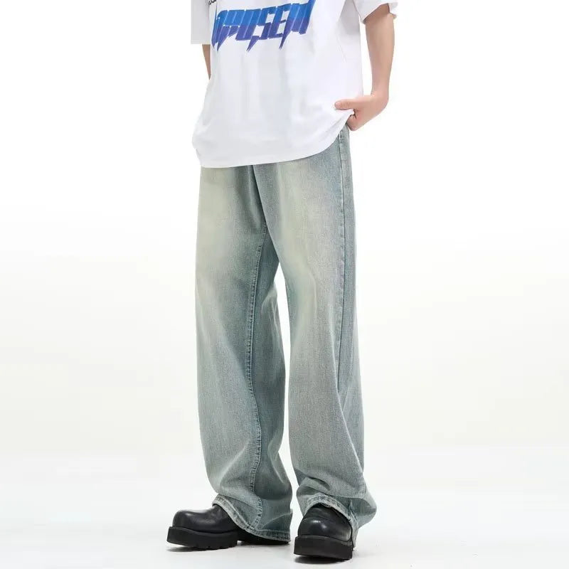 Blue retro loose fit casual trousers made from rabbit fur fabric on a neutral background.