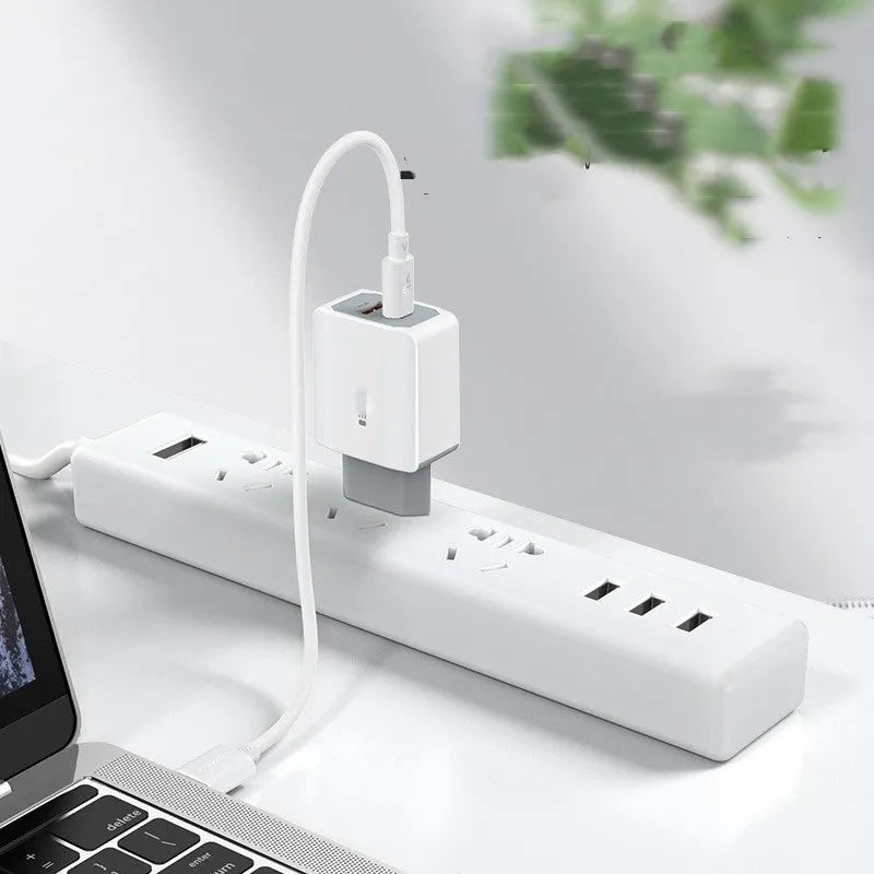 White USB fast charger set with European standard cable and compact charging head