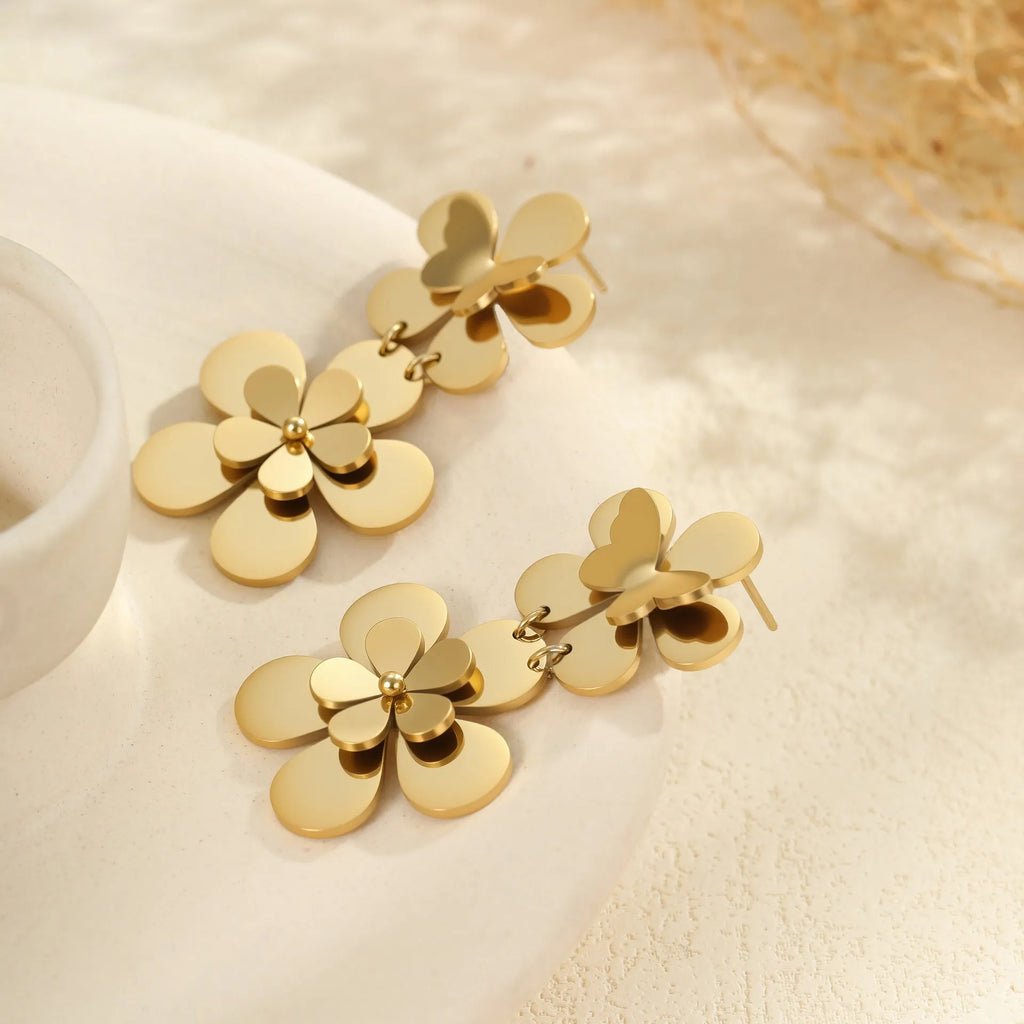 Gold electroplated stainless steel earrings with flower butterfly design for women