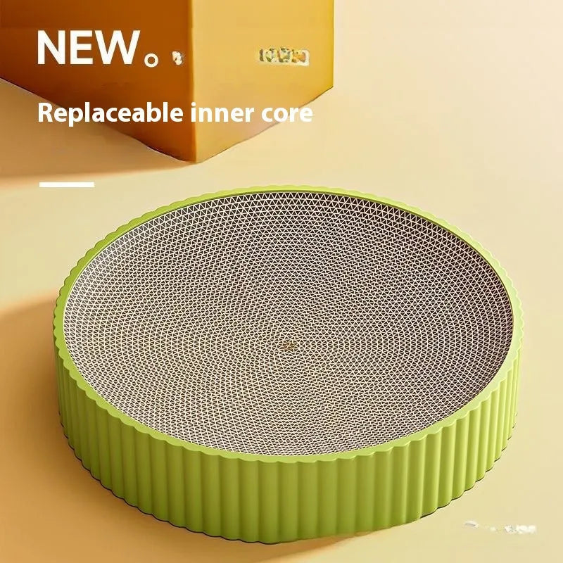 Round green cat scratching board nest with corrugated paper surface, 55 cm diameter with two replacement refills