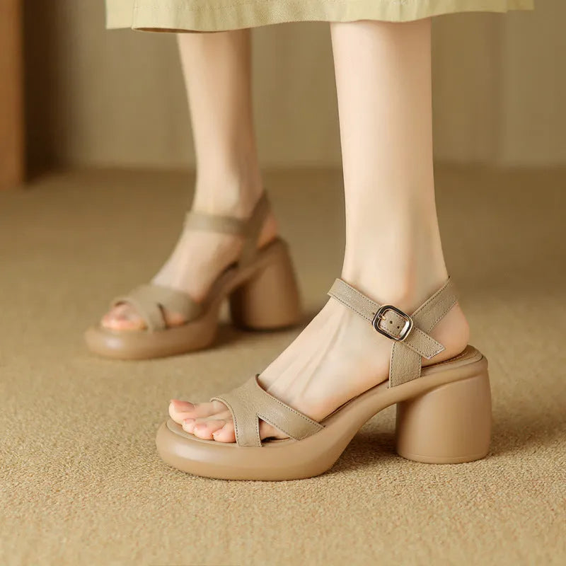 Women's open toe platform sandals in apricot colour with round toe holder and rubber sole