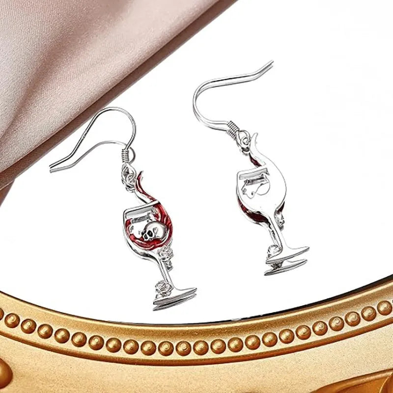 Halloween skull wine glass design earrings with electroplated zinc alloy construction and geometric shape
