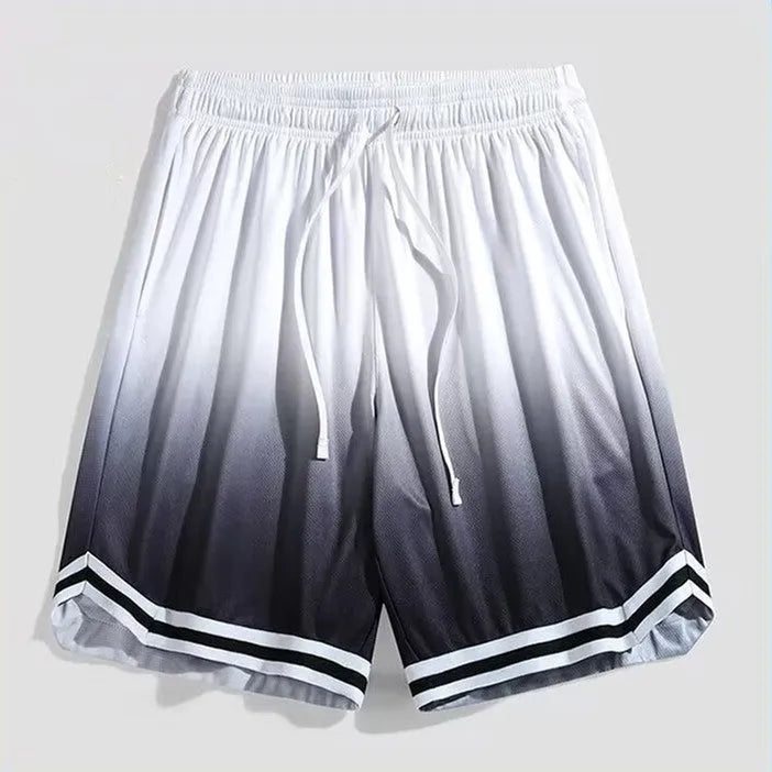 Men's loose-fit gradient coloured cropped casual trousers on a hanger