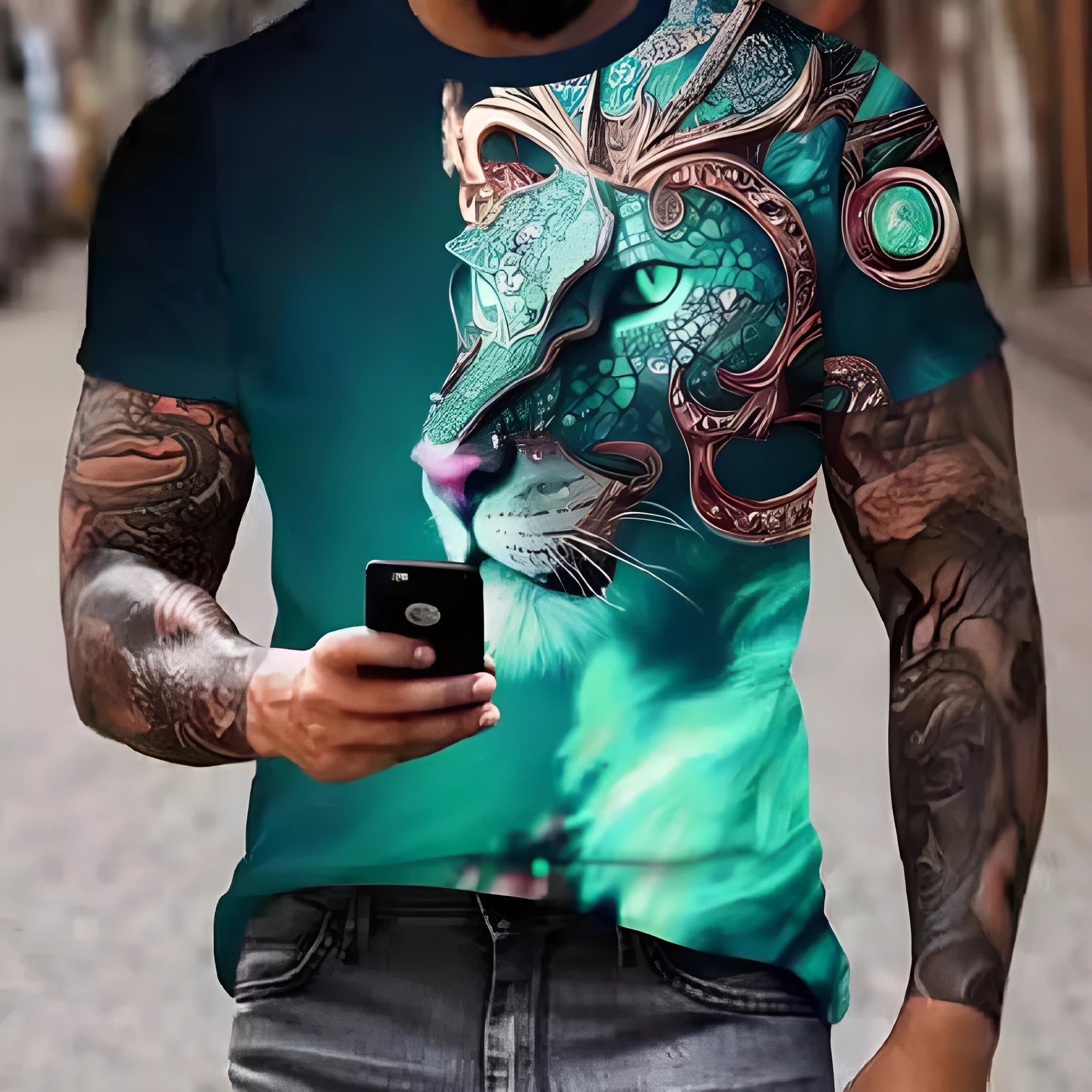 Men's grey t-shirt with a fierce 3D lion graphic print on the front