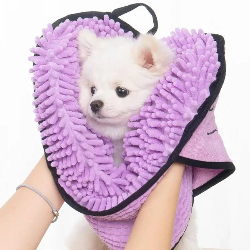Four-layer thick pet bath robe towel measuring 62cm by 23cm in blue, grey, purple or red colours