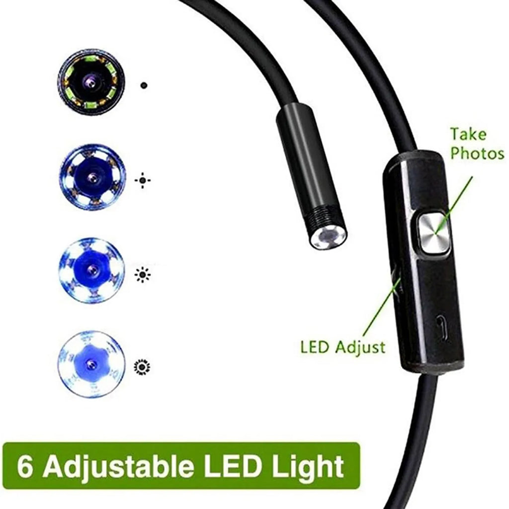 Android USB endoscope with flexible cable, waterproof IP67 probe, and side mirror, hook, and magnet accessories