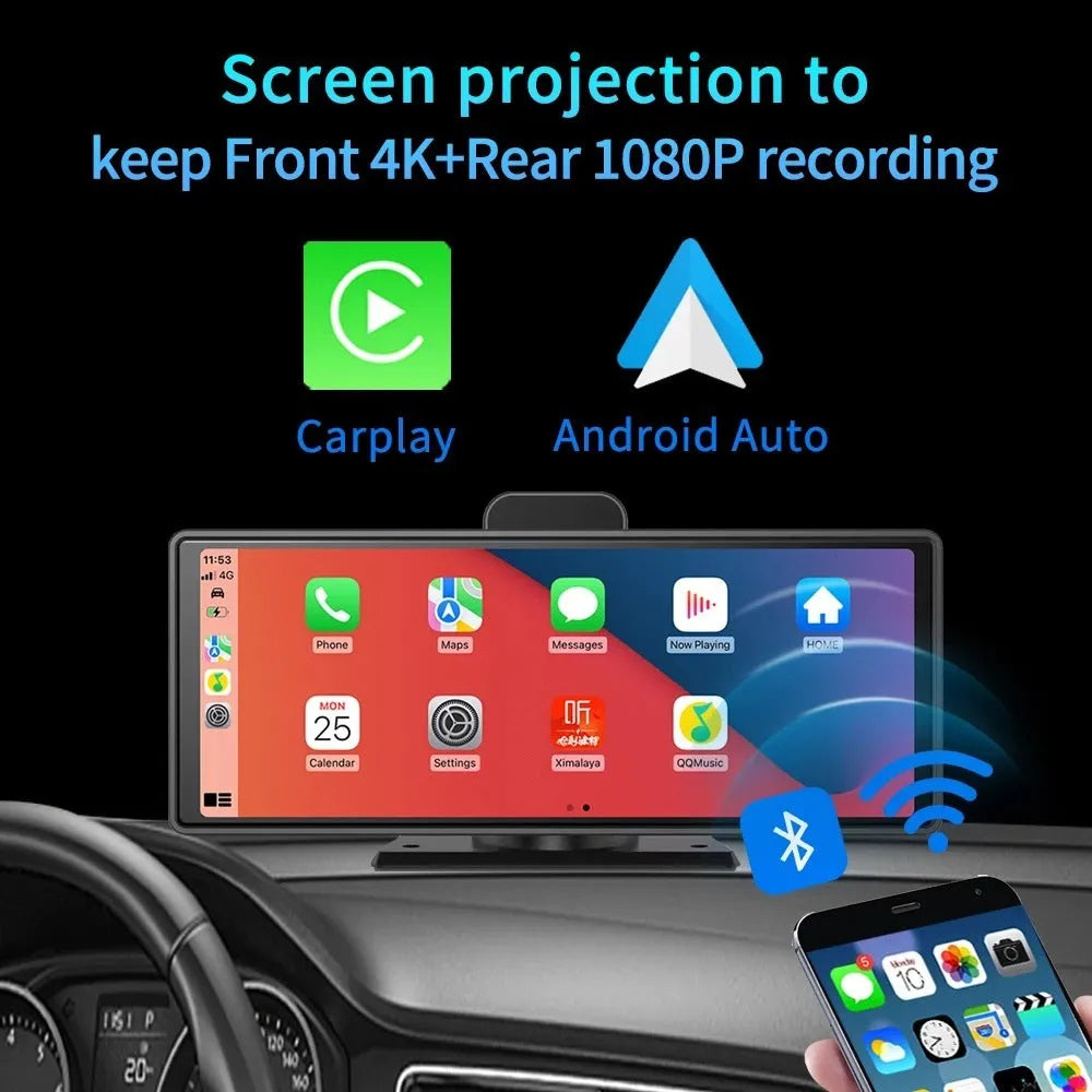 Black 10.26-inch touch screen car DVR with front and rear camera for dual recording.