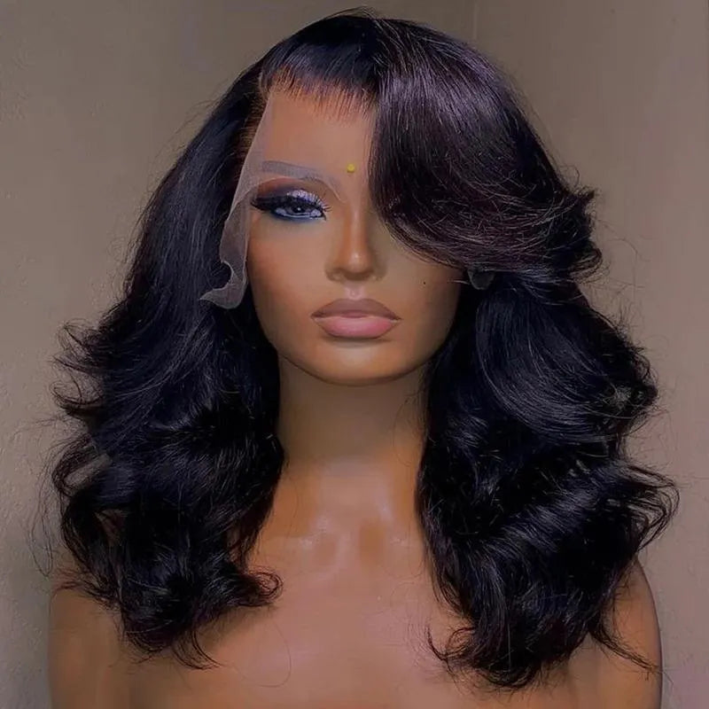 Black human hair wavy curly lace front wig with elastic band and natural hairline