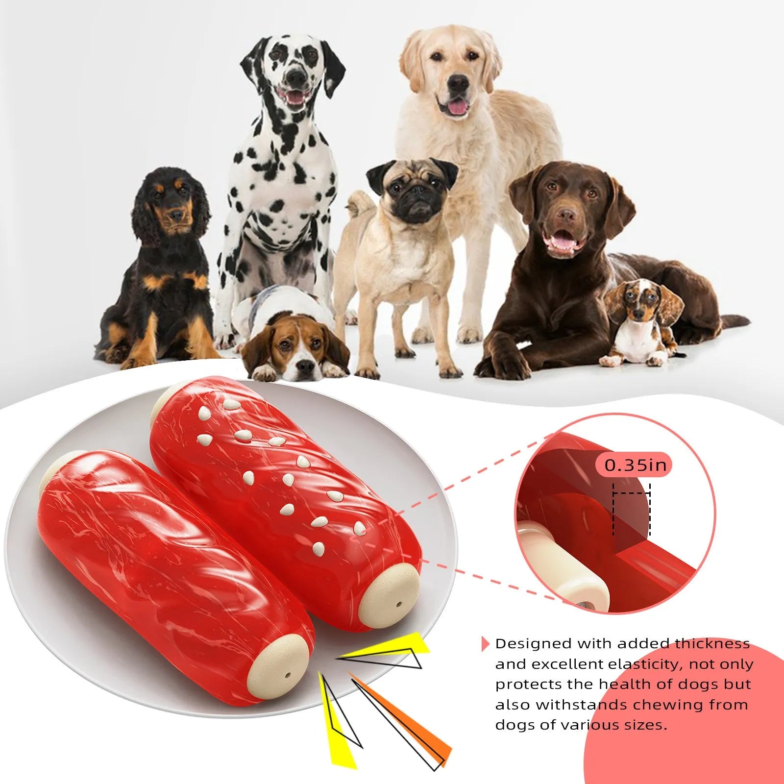 Primary colour plastic dog chew toy shaped like a toothbrush with a large molar rod.