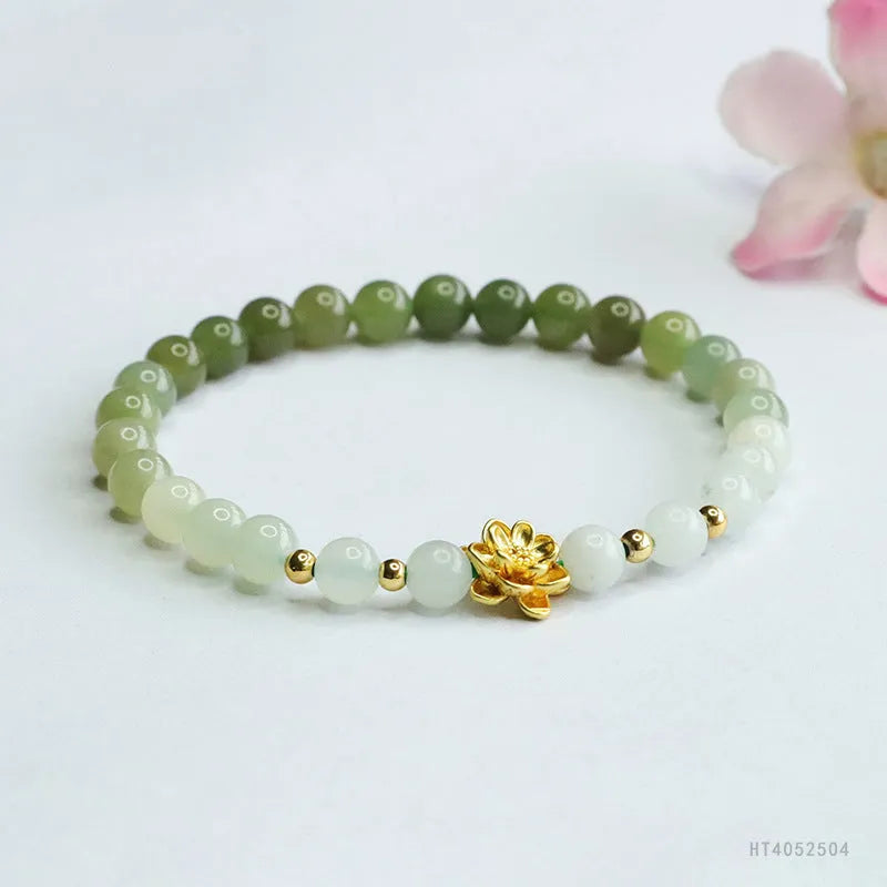 Hand-woven hetian jade gradient lotus flower bracelet with 6mm beads and national style design