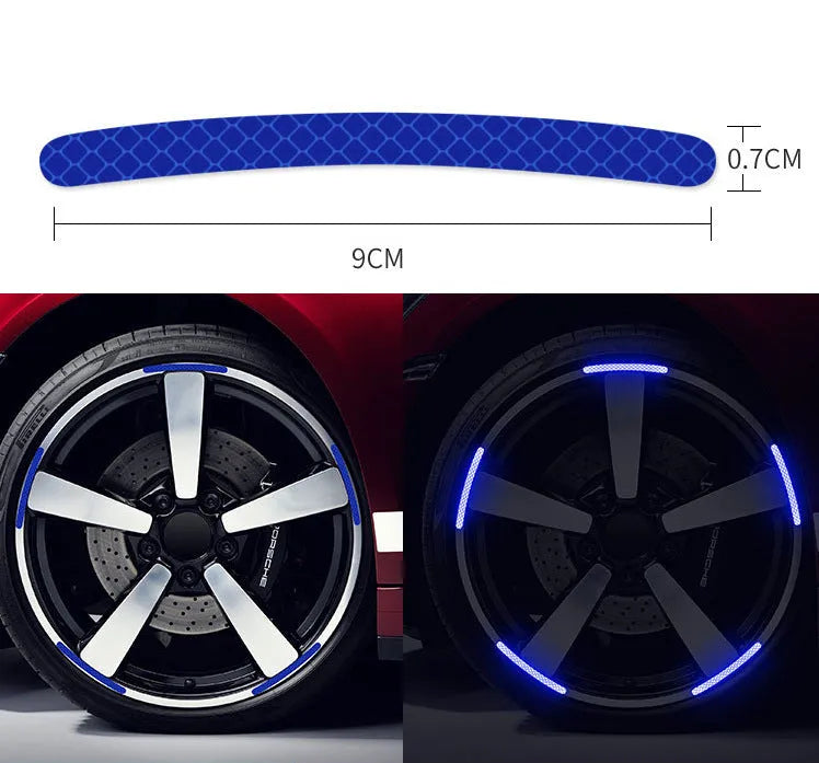 20-piece wheel hub reflective stickers in multiple colours including fluorescent, rainbow, and luminous options
