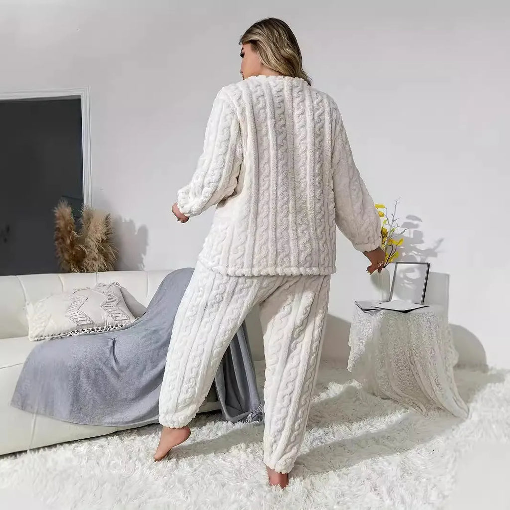 Women's milky white plush two-piece pants suit with crew neck top and matching trousers