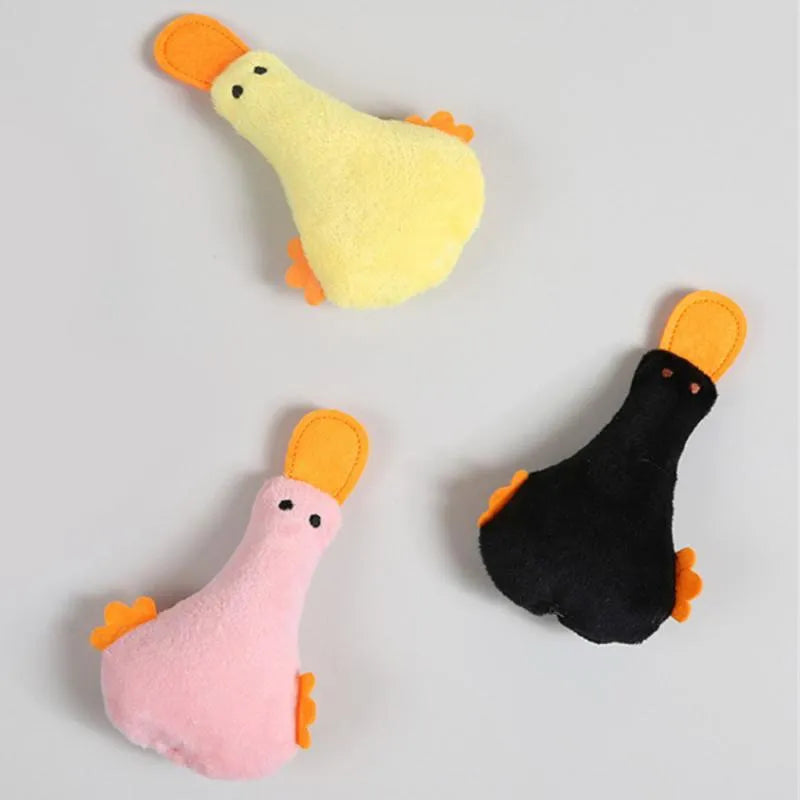 Colourful duck-shaped plush pet toy with squeaker and catnip for dogs and cats