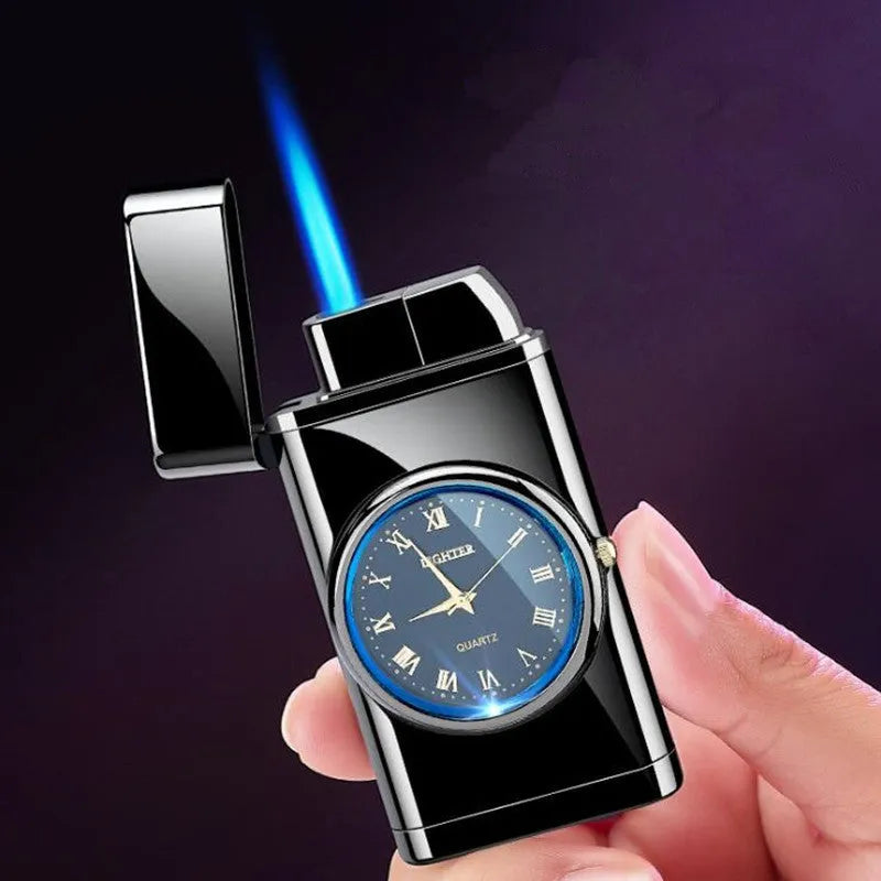 Multifunctional electronic watch gas lighter with LED lamp in multiple metal finishes