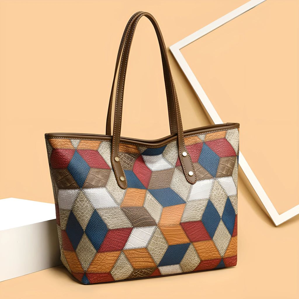 Women's PVC shoulder handbag in blue brown colour with sandwich pocket design for business commuting