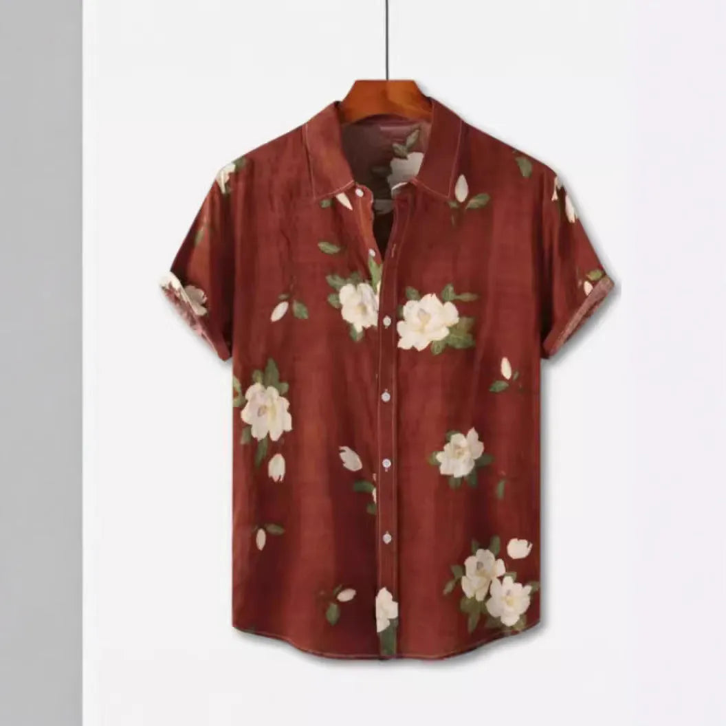 Hawaiian floral print short sleeve shirt with lapel collar on a hanger