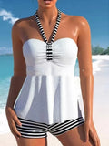 Women's black and white striped off-shoulder swimsuit with briefs style bottom