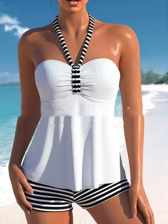 Women's black and white striped off-shoulder swimsuit with briefs style bottom